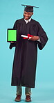 Education, graduation and green screen on a tablet with a student black man in studio on a blue background. Portrait, certificate and chromakey on a mobile display with a male college graduate