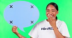 Speech bubble, chat and a volunteering woman on a green screen with a surprise or communication. Wow, opinion and face portrait of a female volunteer with a space sign isolated on studio background