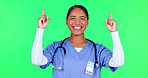 Presentation, woman pointing and doctor on green screen of healthcare information, FAQ or advertising insurance. Happy face of medical worker or latino nurse show clinic schedule on studio background