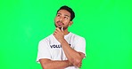 Thinking, brainstorming and man in studio with green screen for dreaming, memory or planning facial expression. Question, emoji and young male person with guess face isolated by chroma key background