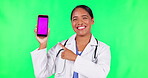 Phone, doctor and woman pointing on green screen in healthcare service, contact and telehealth. Face of medical nurse or latino person on mobile app mockup with tracking markers and studio background