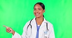 Presentation, green screen and doctor or woman healthcare information, FAQ or checklist for health insurance. Happy face of medical worker or latino nurse, show clinic services on studio background