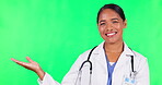 Palm, green screen and doctor or woman for healthcare presentation, offer or choice in health insurance. Happy face, hand sign of medical worker or latino nurse giving services on studio background