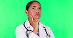 Doctor, woman thinking and solution on green screen for healthcare services, hospital insurance or clinic ideas. Inspiration, decision or serious emoji of medical nurse or person on studio background