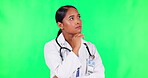 Doctor, woman thinking and green screen for healthcare solution, services and hospital insurance ideas. Inspiration, decision and serious emoji of medical worker, nurse or person on studio background