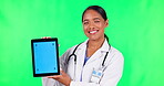 Doctor, woman face and tablet on green screen for telehealth, healthcare service and online presentation.  Happy, insurance information and medical nurse or person, digital tech and studio background