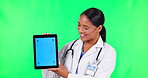 Doctor, woman and tablet mockup on green screen for telehealth, healthcare service and online presentation. Face, insurance information and medical nurse or person, digital tech and studio background
