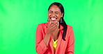 Humour, girl and portrait with laugh in green screen with indian for goofy or silly mindset in studio background. Laughing, comic and happy face with woman and happiness, funny emoji or cheerful.