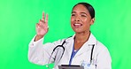 Woman, doctor and calling patient on green screen with tablet for schedule appointment. Female person in medical healthcare call next client for booking with technology against a studio background