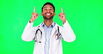 Pointing, presentation and doctor with man on green screen for advertising, deal and idea. Healthcare, medical and medicine with portrait of person on studio background for show, review and news