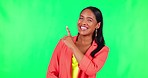 Laughing, pointing and face of a woman on green screen for advertising, presentation and news. Smile, portrait and a female employee with gesture for marketing isolated on a mockup studio background