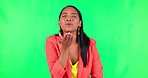 Happy, green screen and woman blowing a kiss for love, romance or flirting expression. Happiness, smile and young female model laughing while doing a kissing gesture isolated by chroma key background