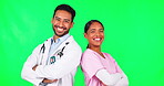 Green screen, doctor and nurse together with arms crossed for collaboration, teamwork and professional healthcare workers. Confident, isolated doctors and working expert in medicine and health care