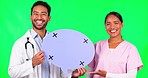 Doctor, team and speech bubble on green screen for advertising in healthcare against a studio background. Portrait of happy man and woman nurse show shape, icon or social media chat on mockup space