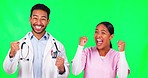 Happy doctors, team and fist bump in celebration on green screen for healthcare success against a studio background. Portrait of man and woman in medical teamwork, winning or achievement on mockup