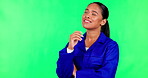 Green screen, woman and worker thinking of idea for building, project or contractor with problem solving on job. Industrial, decision and employee in warehouse, factory and ideas for maintenance