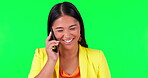 Green screen, phone call and business woman laughing in a funny mobile conversation as communication or networking. Happy, professional and young employee listening to internet audio message online