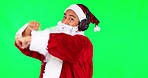 Dancing, music and santa man on green screen in studio isolated on a background. Christmas headphones, claus and face portrait of person listening to radio, audio or  holiday celebration with energy.