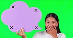 Wow, green screen and woman face with speech bubble in studio for coming soon, news or deal on mockup background. Portrait, omg and asian female excited for launch, promotion or surprise announcement