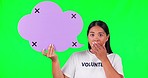 Green screen, wow and woman face volunteer with speech bubble and tracking markers on studio background. Omg, news and portrait of asian female with poster for how to, checklist or volunteering promo