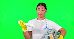 Woman, cleaner and chemical spray, green screen and household maintenance with cleaning product choice. Disinfectant bottle, service and hygiene, female person and mockup space on studio background