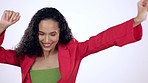 Dance, happy and young woman in studio with music, playlist or album for celebration or goal. Happiness, smile and female model dancing to a song to celebrate achievement isolated by white background