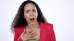 Surprise, wow and face of woman in studio shocked by news, gossip or drama on purple background. Wtf, portrait and female person confused by unexpected, secret or emoji offended expression or insult