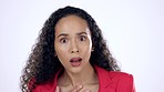 Wow, surprise and face of woman in studio shocked by news, gossip or drama on purple background. Wtf, portrait and female person confused by unexpected, secret or emoji, offended or omg expression