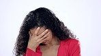 Face, shy and embarrassed woman in studio isolated on a white background. Portrait, anxiety and introvert person with fear, mistake or facial expression of fail, problem or scared, awkward or nervous