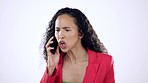 Angry, screaming and annoyed woman on phone call in studio arguing, conflict and problem on purple background. Smartphone, stress and woman fighting, frustrated with anxiety, crisis or phishing fail