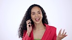 Excited business woman, phone call and studio with smile, laughing and talking by white background. Entrepreneur, networking and happy chat with smartphone, listen and communication on mobile network