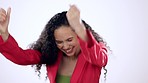 Celebration, fist and happy woman in studio with good news, promotion or bonus on purple background. Smile, yes and female excited for sale, discount or coming soon deal, competition or giveaway