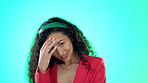 Nervous, embarrassed and hide with face of woman in studio for surprise, why and confused. Secret, news and wow with portrait of person hiding on blue background for shy, omg and shock gesture