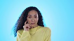 Wow, face and surprise for woman in studio with agreement and shocked by news, gossip or drama on blue background. Wtf, portrait and female person confused by unexpected, secret or emoji expression 