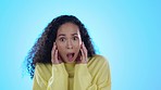 Wow, surprise and face of woman in studio shocked by news, gossip or drama on blue background. Wtf, portrait and female person confused by unexpected, secret or emoji offended expression or insult