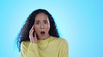 Wow, confused and face of woman in studio shocked by news, gossip or drama on blue background. Wtf, portrait and female person surprised by unexpected, secret or emoji offended expression or insult