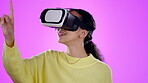 Virtual reality, touch and woman in 3d metaverse in studio isolated on a purple background. Vr, tech and happy person scroll for futuristic experience, typing and click for gaming in cyber fantasy.