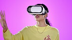 Vr, touch and woman in 3d metaverse in studio isolated on a purple background. Virtual reality, technology and person scroll for futuristic experience, typing and click ux for gaming in cyber fantasy