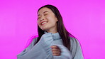 Happy, dance and music with face of asian woman in studio for celebration, smile and party. Dancing, happiness and performance with female dancer on pink background for sound, gem z and energy