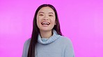 Woman, laugh and portrait with funny joke and confidence in a studio feeling happy. Asian female person, smile and laughing with gen z and comedy with pink background and silly with casual fashion