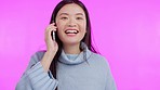 Asian woman, phone call and happy for talking in studio for communication, contact and chat by background. Japanese student, gen z girl and smartphone for conversation with smile on mobile network