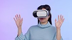 Woman, virtual reality glasses and shock in studio with 3d video, movie or online gaming by background. Girl, ar vision and metaverse for horror, wow or surprise in cyber user experience on internet