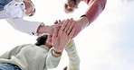 Family, hands together and team unity below for collaboration or celebration under sky background. Hand of mother, father and children piling for teamwork motivation, support or coordination together