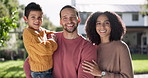 Support, portrait of a happy family and smile with a lens flare in the backyard of their home together. Love or positivity, happiness or care and people smile on their lawn for bonding time outdoors