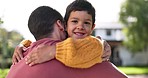 Father, son and hug, bonding outdoor and happy with quality time together, love and care in garden. Boy child running into man arms and relax in nature with summer and family, trust and support