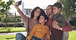 Love, happy family taking a selfie and on lawn of their home together with a smile. Support or care for relationship, happiness or positivity and people with smartphone pose in backyard for peace