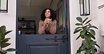 Calm, cup of coffee and woman by the door for fresh air while drinking a warm beverage at her house. Morning, relax and young happy female person enjoying a cappuccino, latte or caffeine by her home.