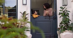 Mother, son and bonding, talking at house with support and care, trust and love with spending time together. Woman with coffee, boy child and relax at home, back door and conversation with happiness