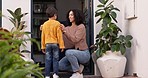 Mother greet child at door of home enjoying new house for bonding, quality time and trust. Happy family, love and mom and young boy by backyard for support, happiness and care after playing outdoors