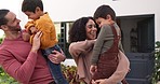 Nature, love and couple tickle their children while playing together in the outdoor garden. Happy, laughing and young parents being playful, having fun and bonding with boy kids outside their home.